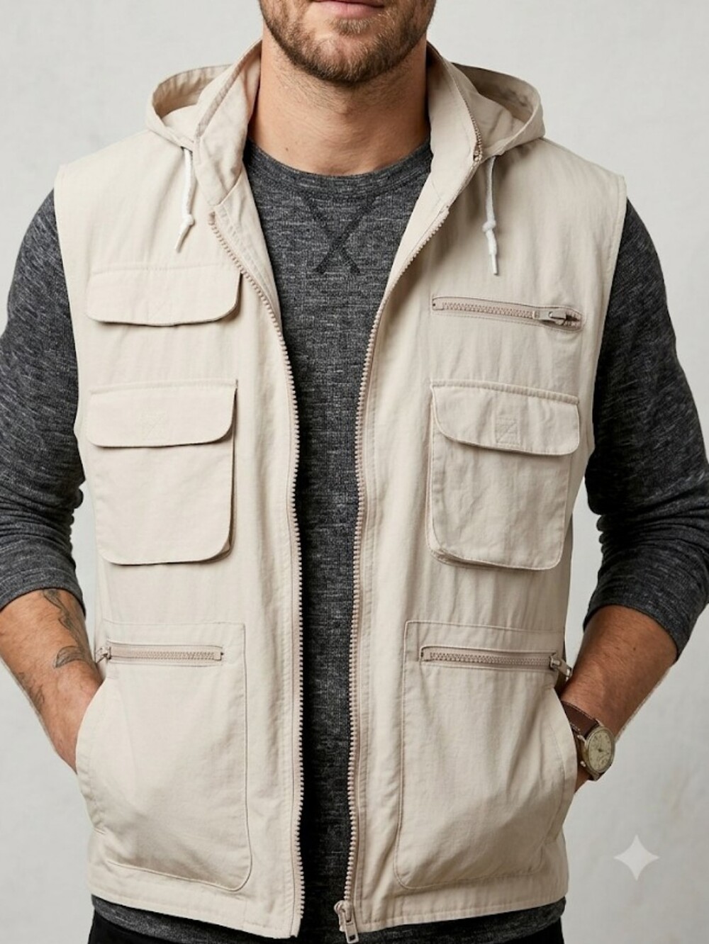Legends Vintage Men's Hooded Multi-Pocket Vest in Light Beige Sz 2X